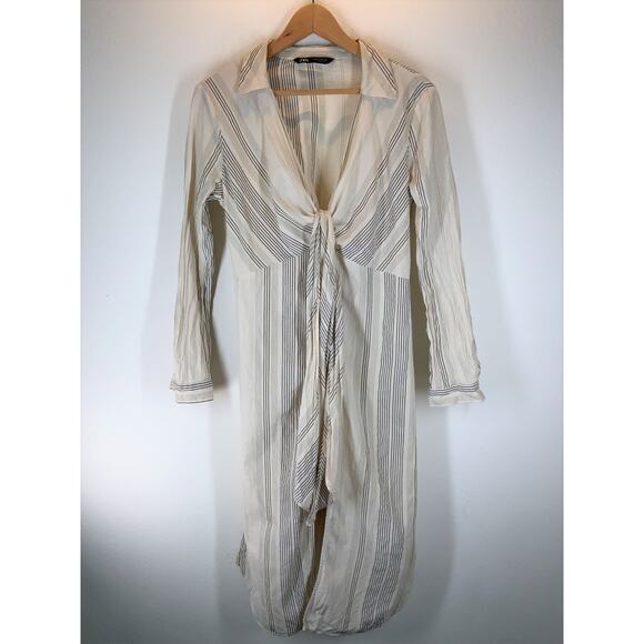 ZARA Medium Cream Striped Long Line Shirt Dress Side Slits Tie Front - Picture 1 of 3